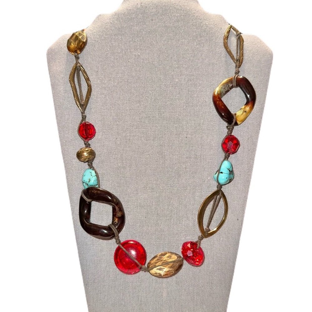 Chico's chunky beaded necklace featuring brown, red, & turquoise-colored beads
